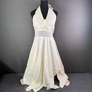 Linen Dress Women M Crochet Handkerchief Festival Boho Cottagecore Hippie White